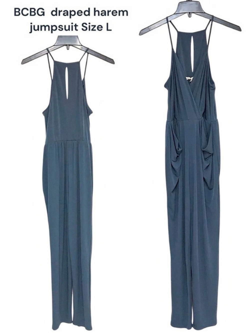 BCBG Draped Harem Jumpsuit Harem Jumpsuit in Blue/Gray Size Large Like New